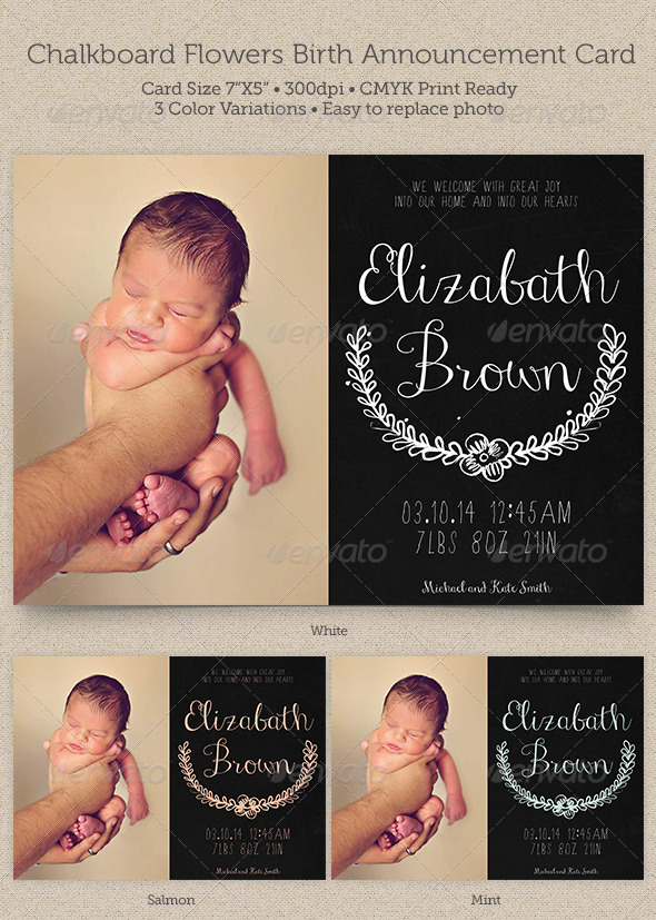 Chalkboard Flowers Birth Announcement Card GraphicRiver